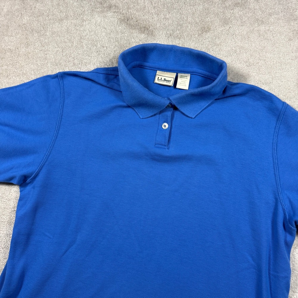 LL Bean Polo Shirt Ladies Medium Blue Short Sleeve Cotton Pique Made in USA